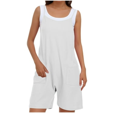 Diufon Womens Shorts Jumpsuit Square Neck Sleeveless Button Rompers Solid Color Bodysuits with Pockets