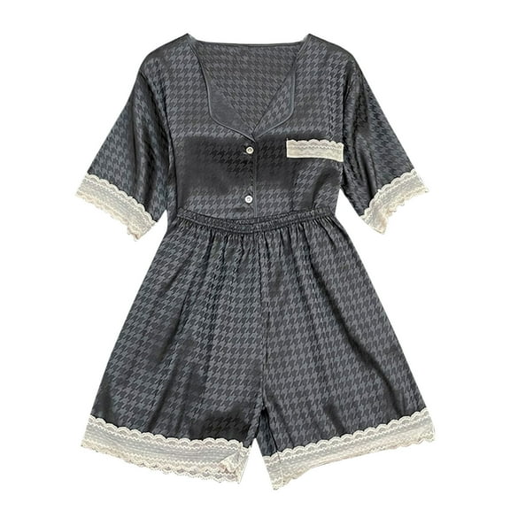 Diufon 2 Piece Satin Pajama Set for Women V Neck Long Sleeve Button Shirt and Shorts Lace Solid Color Sleepwear Sets