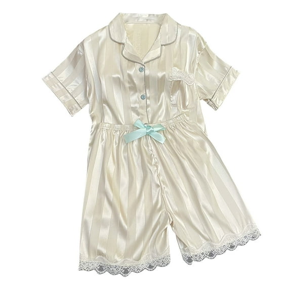 Diufon Womens Silk Pajama Sets Short Sleeve Shirts Elastic Waist Lace Patchwork Hem Shorts Pjs Sets