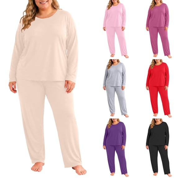 Diufon Plus Size Pajamas for Women Set Long Sleeve Soft Comfy Crewneck Tops and Pants 2 Piece Casual Home Sleepwear