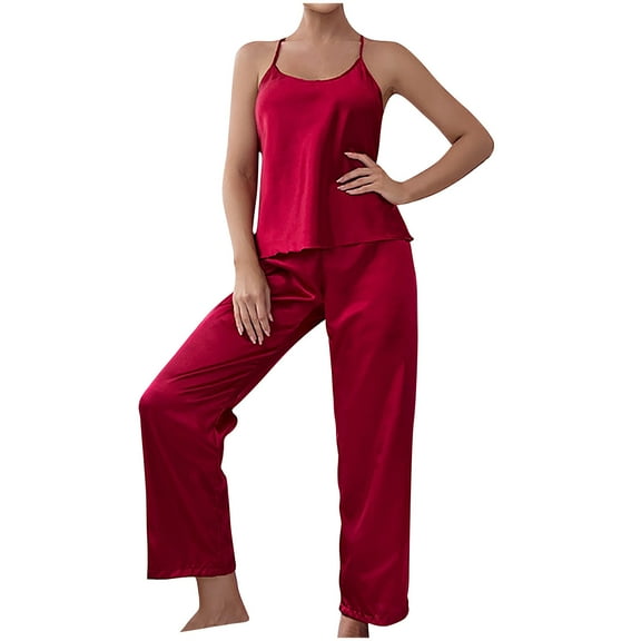 Diufon Womens Silk Pjs Sets Round Neck Sleeveless Cami Tops Solid Color Lounge Pants Sets