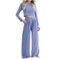 thumbnail image 1 of Diufon Womens Silk Sets Round Neck Long Sleeve Crop Tops Elastic Waist Wide Leg Pants with Pockets, 1 of 7