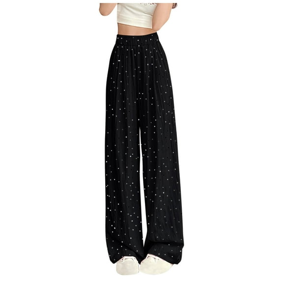 Diufon Womens Silk Wide Leg Pants Trendy Polka Dot Lounge Pants Elastic High Waist Trousers