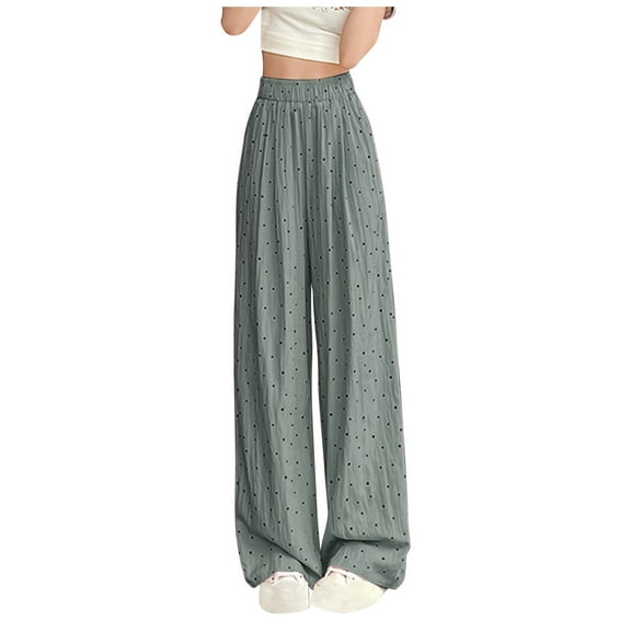 Diufon Womens Silk Wide Leg Pants Trendy Polka Dot Lounge Pants Elastic High Waist Trousers
