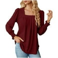 thumbnail image 1 of Diufon Womens Square Neck Blouse Long Sleeved Cuffs Tunic Shirt Solid Color Ruched Slim Top, 1 of 7