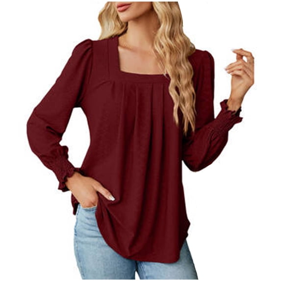 Diufon Womens Square Neck Blouse Long Sleeved Cuffs Tunic Shirt Solid Color Ruched Slim Top