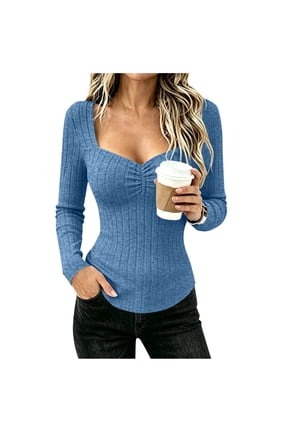 Womens Square Neck Sweater Dressy Casual Long Sleeve Ribbed Knit Pullover Tops Slim Fitted Going Out Blouses