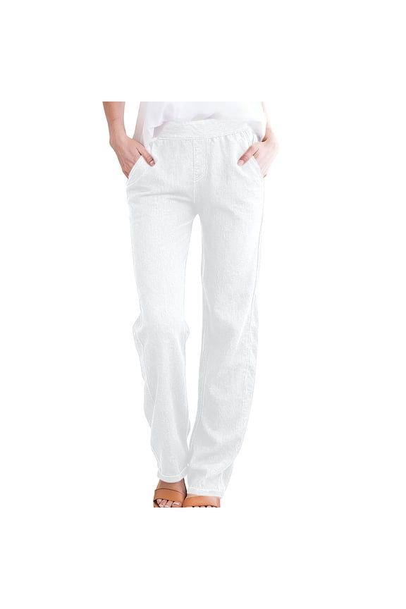 Womens Straight Leg Pants Elastic High Waisted Denim-Look Pants Stretch Casual Trousers with Pockets