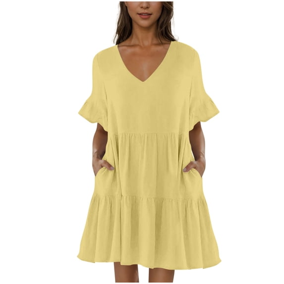 Diufon Womens Summer Casual Dresses Cute V Neck Mini Dress with Pockets Ruffle Short Sleeve Shirt Dress