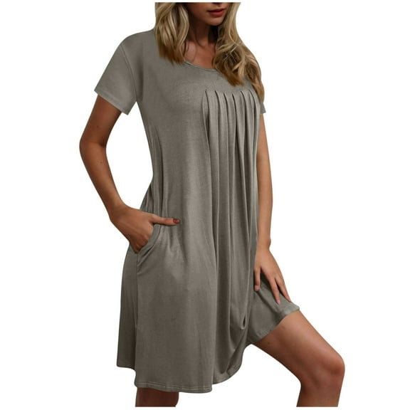 Diufon Womens Summer Dresses Casual Short Sleeve Crewneck Nightgowns Beach Vacation Pleated Dress with Pockets
