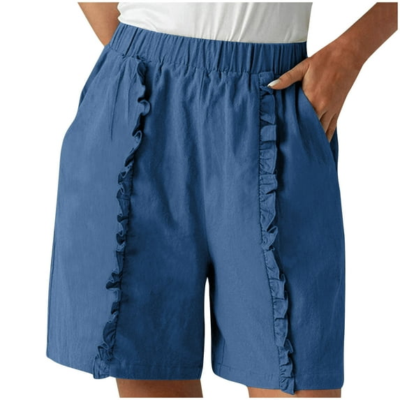 Diufon Womens Summer Shorts Elastic Waist Lounge Shorts Trendy Ruffle Solid Color Shorts with Pockets