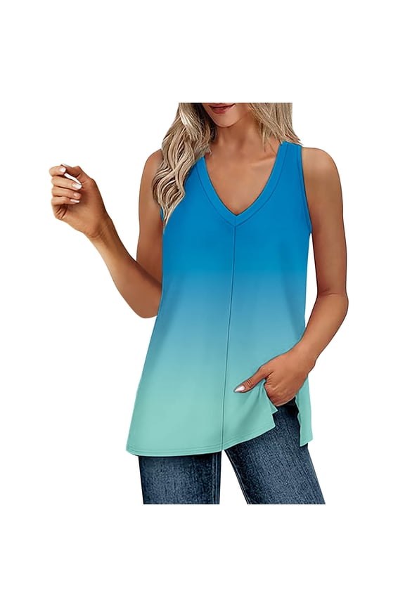 Womens Summer Tank Tops V Neck Sleeveless Basic Tanks Shirts Casual Side Split Gradient Color Vest Blouse