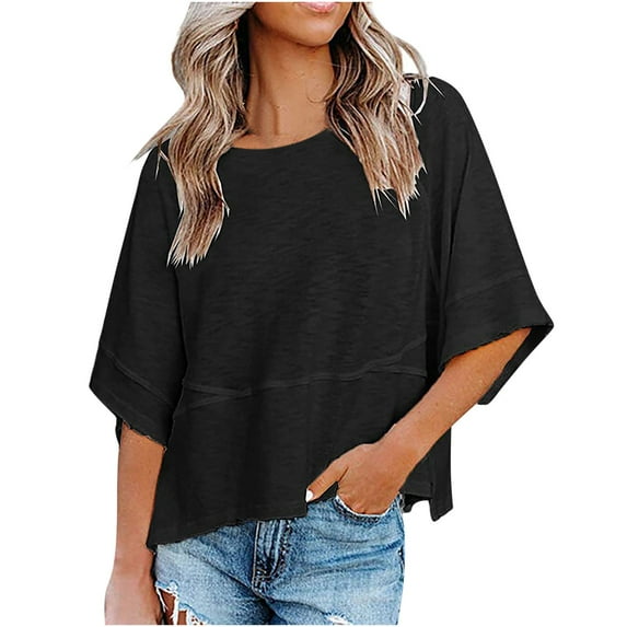 Diufon Womens Summer Tops Casual Half Sleeve Crewneck T-Shirts Solid Color Loose Flowy Basic Tops Tees Blouses
