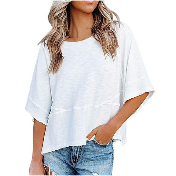 Diufon Womens Summer Tops Casual Half Sleeve Crewneck T-Shirts Solid Color Loose Flowy Basic Tops Tees Blouses