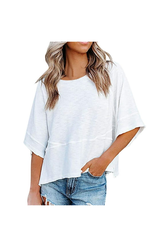 Womens Summer Tops Casual Half Sleeve Crewneck T-Shirts Solid Color Loose Flowy Basic Tops Tees Blouses