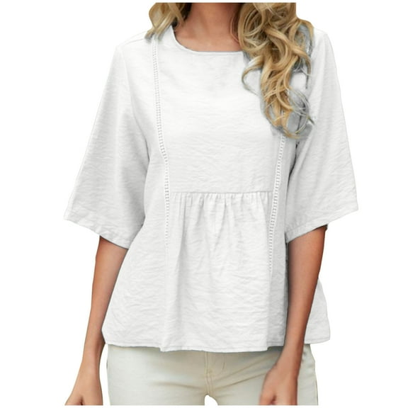 Diufon Womens Summer Tops Cotton Linen Loose Half Sleeve Crewneck Shirts Oversized Pleated Dress Basic Tee