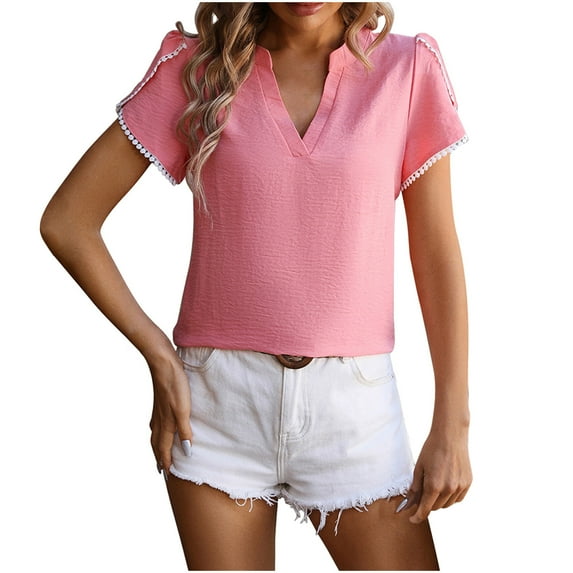 Diufon Womens Summer Tops T Shirts V Neck Lace Puff Short Sleeve Blouses Solid Color Tunic Tops