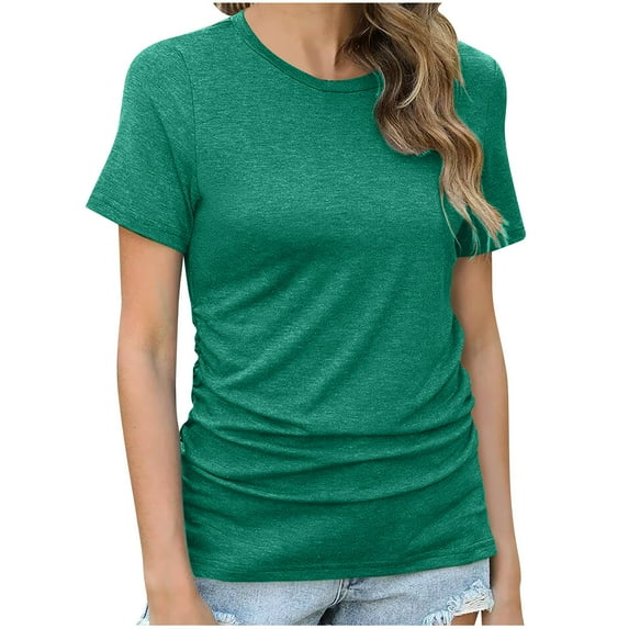 Diufon Womens Summer Tunics Casual Short Sleeve Round Neck T Shirts Solid Color Tops 2024