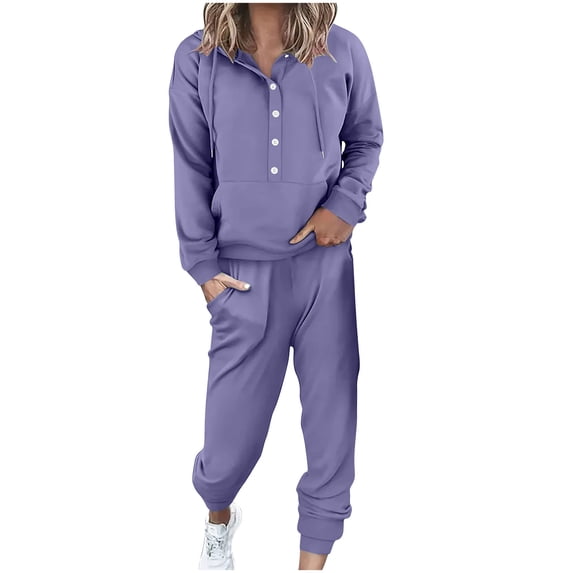Diufon Womens Sweat Sets Button Long Sleeve Drawstring Hoodies Plus Size Pants with Pockets