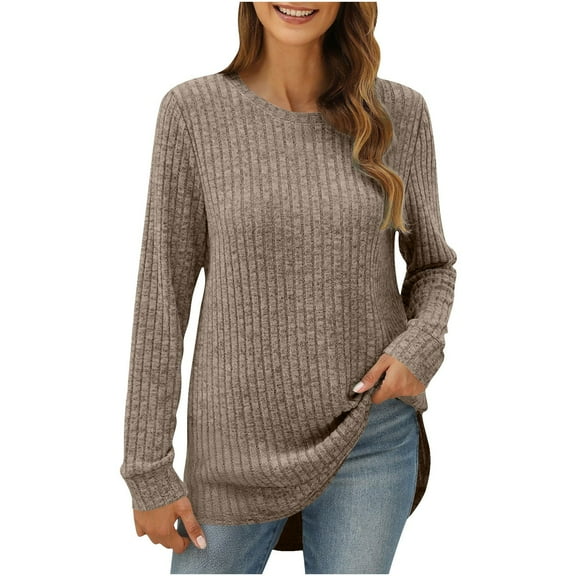 Diufon Womens Sweaters Casual Long Sleeve Loose Crewneck Shirts Ribbed Knit Tops Laides Fall Fashion Clothes