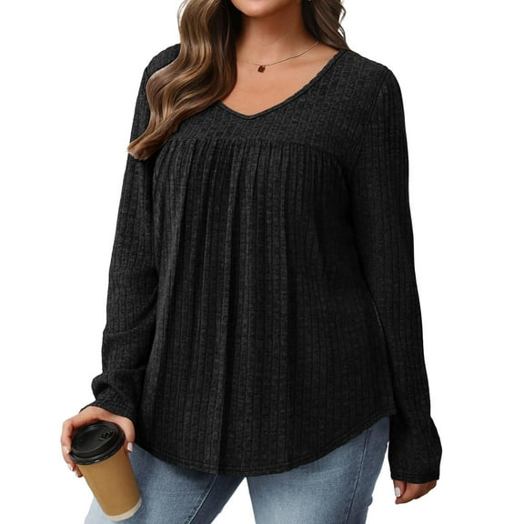 Diufon Womens Sweaters Plus Size Fall Casual Solid Color Pullover Tops Fashion V Neck Pleated Long Sleeve Tops