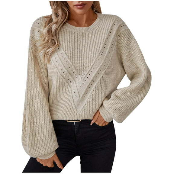Diufon Womens Sweaters Fall Casual Solid Color Pullover Tops Round Neck Long Sleeve Tops