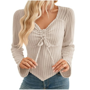 Diufon Womens Sweaters Solid Color Knit Pullover Tops V Neck Drawstring Long Sleeve Blouses