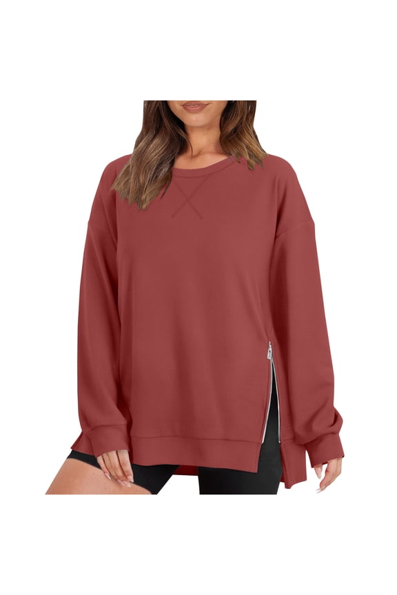 Womens Sweatshirts Casual Side Split Zip Solid Color Round Neck Long Sleeve Pullover Tops