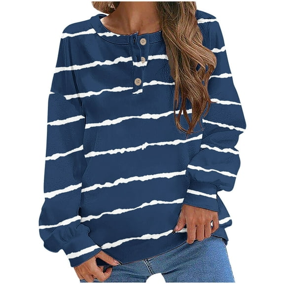 Diufon Womens Sweatshirts Stripe Printed Pullover Tops Round Neck Button Long Sleeve Blouses