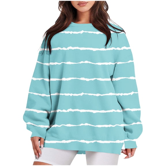 Diufon Womens Sweatshirts Stripe Printed Side Hem Split Pullover Tops Round Neck Long Sleeve Tops