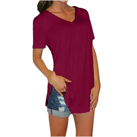Diufon Womens T Shirt Short Sleeve V Neck Tees Fashion Side Split Loose Tops Summer Casual Soft Clothes
