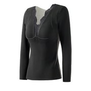 Diufon Womens Thermal Underwear Tops Trendy Lace Patchwork Long Sleeve Warm Base Layer Undershirts