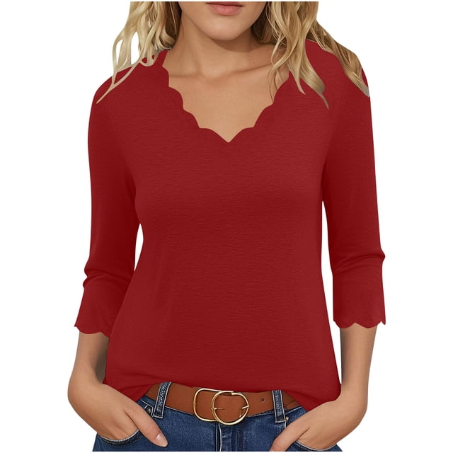 Diufon Womens Tops 3/4 Sleeve Dressy Casual Wave Edge V Neck Loose ...