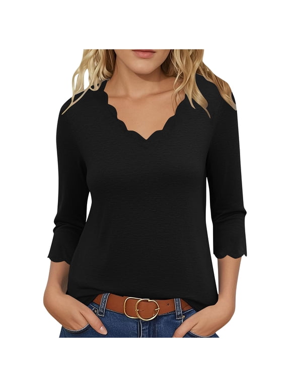 Womens Tops 3/4 Sleeve Dressy Casual Wave Edge V Neck Loose Blouses Fall Winter Solid Color Shirts