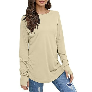 Diufon Womens Tops Round Neck Long Sleeve Thumb Tunics Casual Solid Color Pullover Tops
