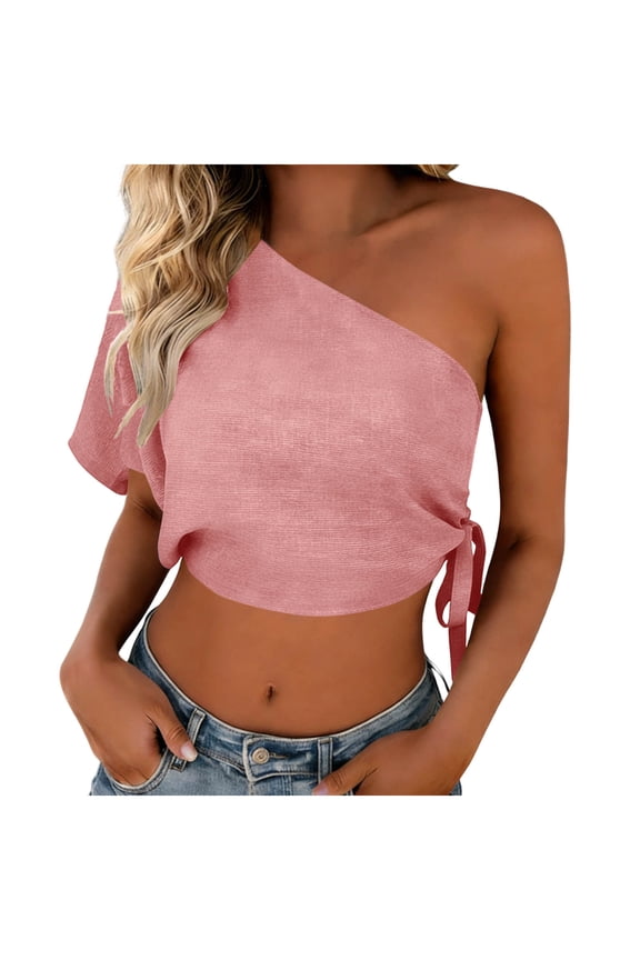 Womens Tops Single Shoulder Short Sleeve Side Drawstring Solid Color Shirts Backless Cropped Blouses