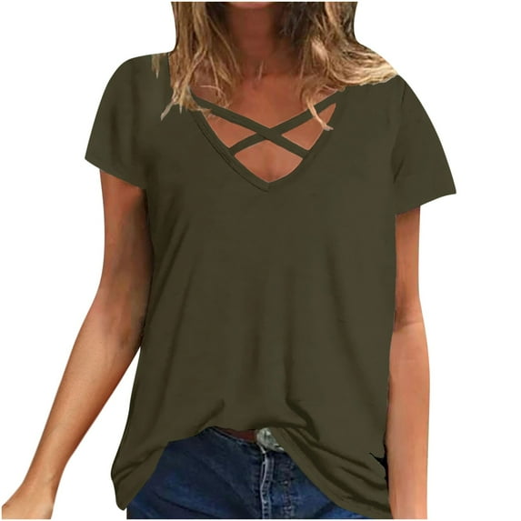 Diufon Womens Tops Summer Short Sleeve V Neck Crisscross T-Shirt Casaul Loose Tunic Fashion Clothes