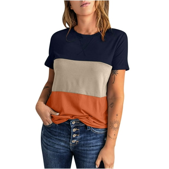 Diufon Womens Tops Trendy Casual Color Block Short Sleeve Crewneck T Shirts Loose Basic Tunic Tee Blouses