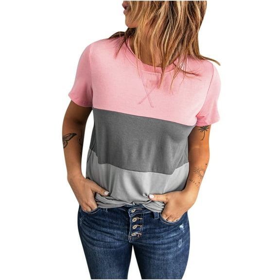 Diufon Womens Tops Trendy Casual Color Block Short Sleeve Crewneck T Shirts Loose Basic Tunic Tee Blouses