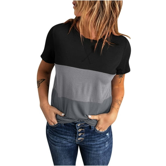 Diufon Womens Tops Trendy Casual Color Block Short Sleeve Crewneck T Shirts Loose Basic Tunic Tee Blouses