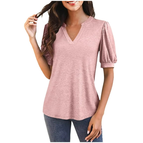 Diufon Womens V Neck T Shirts Casual Puff Sleeve Loose Dressy Blouses Summer Casual Solid Color Tunic Tops