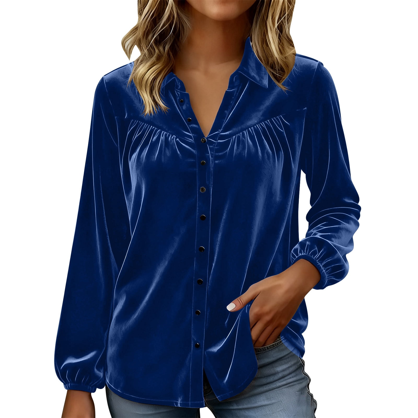 Diufon Womens Velvet Shirts Long Sleeve Pleated Button Down V Neck ...