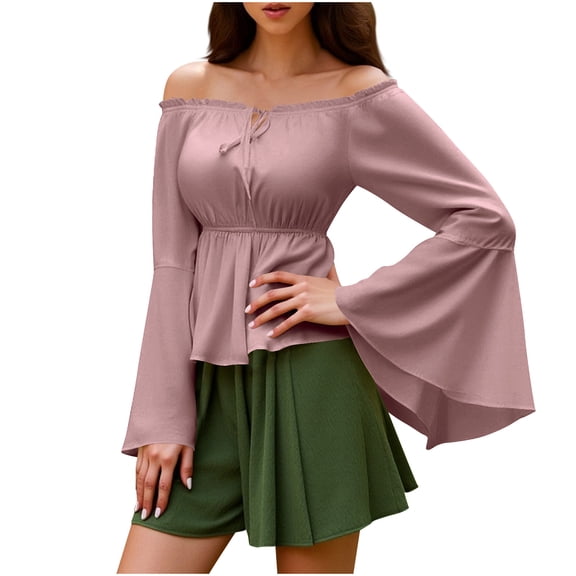 Diufon Womens Vintage Blouse Ruffled Long Sleeve Off the Shoulder Vintage Tops Solid Color Top