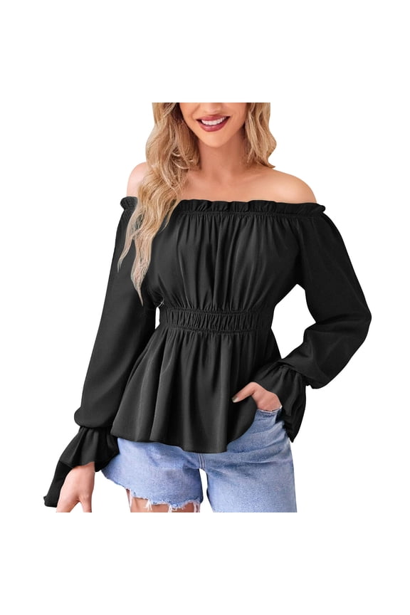 Womens Vintage Tops Ruffled Long Sleeve Off The Shoulder Shirt Boho Peasant Smocked Back Blouses
