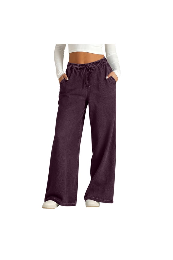 Womens Wide Leg Jeans (Denim-Look) High Waisted Drawstring Stretch Casual Loose Pants with Pockets