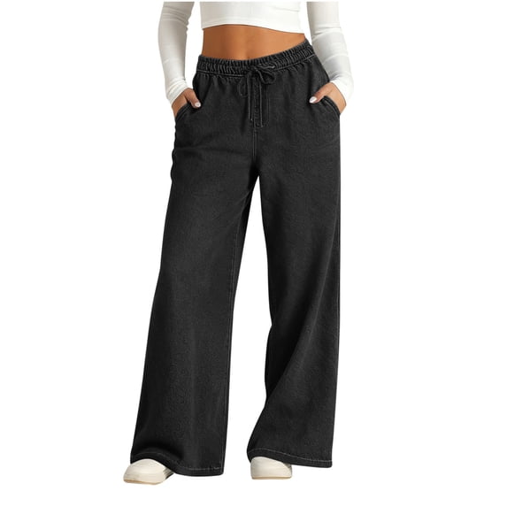 Diufon Womens Wide Leg Jeans (Denim-Look) High Waisted Drawstring Stretch Casual Loose Pants with Pockets