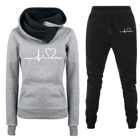 Diufon Womens Winter Warm Fleece Lined Two-piece Outfits Heartbeat Print Pullover Hoodies Sweatpants Set Pockets Tracksuits