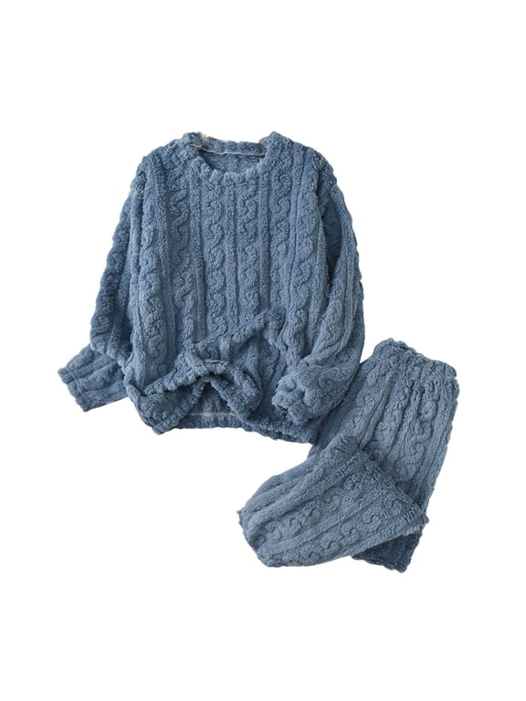 Womens Winter Warm Pajama Sets Fuzzy Flannel Pullover Top Pants Home Sleepwear Casual Suits