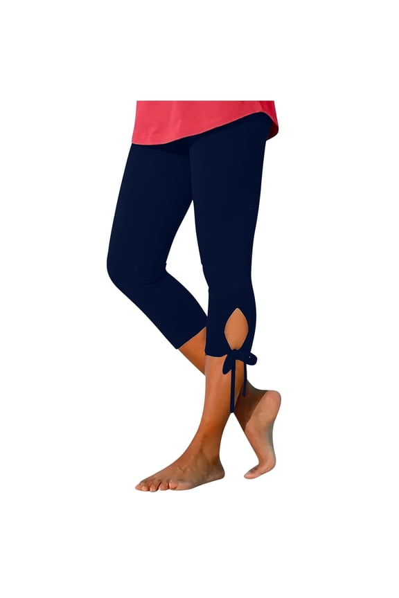 Womens Yoga Leggings Side Split Drawstring 3/4 Jogger Pants Solid Color High Waist Lounge Pants