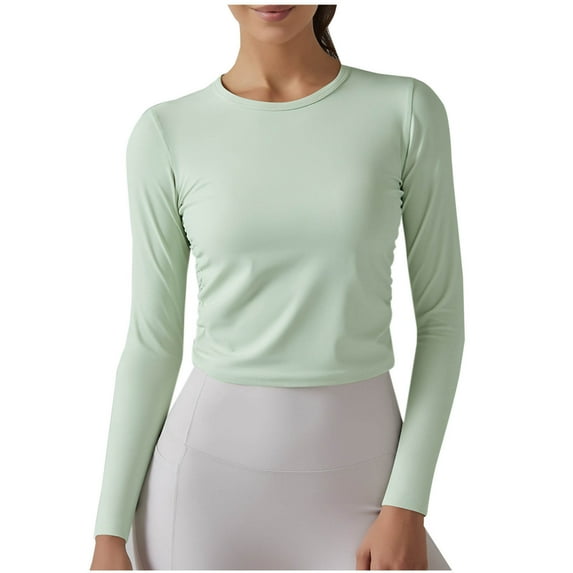 Diufon Womens Yoga Tops Fall Casual Solid Color Crop Tops Round Neck Long Sleeve Blouses